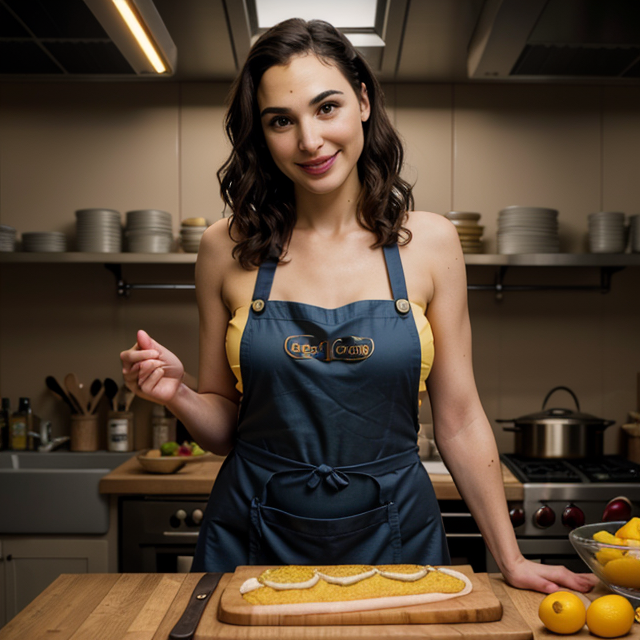 epiCRealism, epiCRealism, Gal Gadot cooks in the kitchen wearing an apron and bikini, panoramic photo, realistic lighting, professional color grading, bright smiley face, full shot, deep photo, depth of field, Superia 400, bokeh, realistic lighting, professional colorgraded, a male