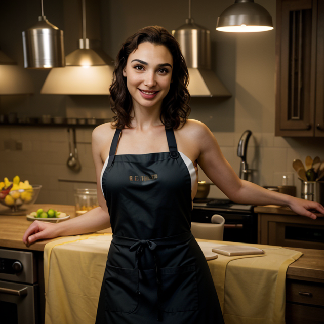 epiCRealism, epiCRealism, Gal Gadot cooks in the kitchen wearing an apron and bikini, panoramic photo, realistic lighting, professional color grading, bright smiley face, full shot, deep photo, depth of field, Superia 400, bokeh, realistic lighting, professional colorgraded, a male