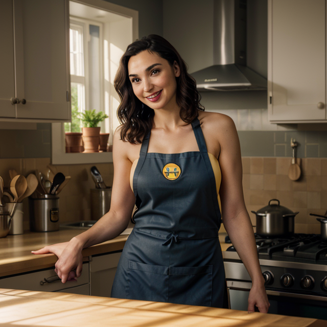 epiCRealism, epiCRealism, Gal Gadot cooks in the kitchen wearing an apron and bikini, panoramic photo, realistic lighting, professional color grading, bright smiley face, full shot, deep photo, depth of field, Superia 400, bokeh, realistic lighting, professional colorgraded, a male