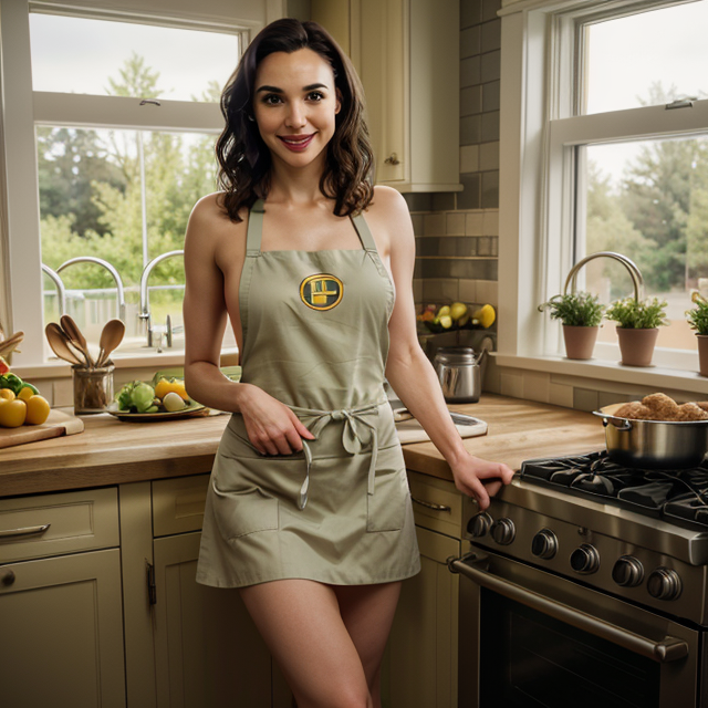 epiCRealism, epiCRealism, Gal Gadot cooks in the kitchen wearing an apron and bikini, panoramic photo, realistic lighting, professional color grading, bright smiley face, full shot, deep photo, depth of field, Superia 400, bokeh, realistic lighting, professional colorgraded, a male