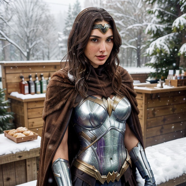 a photo of a beautiful, cute, Gal Gadot wears a brown feathered cape under a snowy sky, surrounded by snow and green trees, standing behind the counter, blue eyes, shiny skin, freckles, detailed skin, price labels, a masterpiece