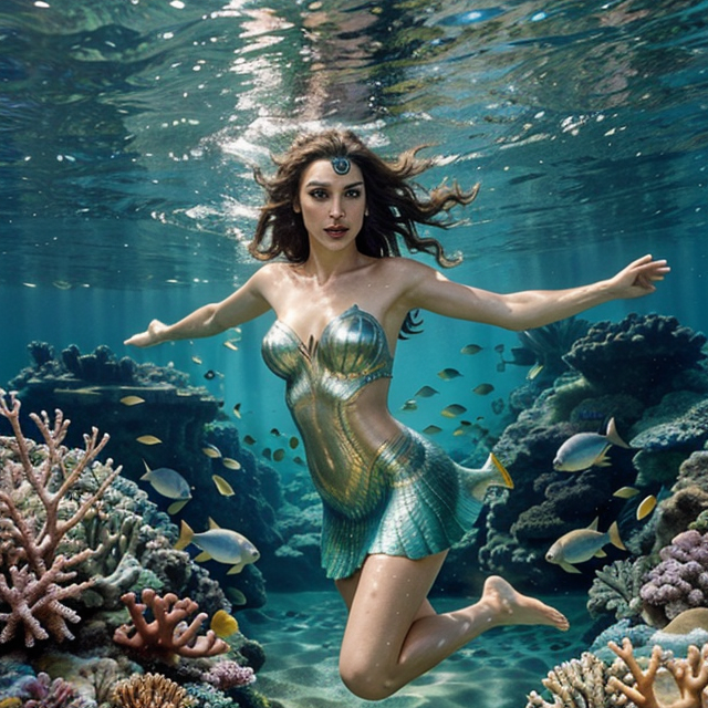 a photo of a beautiful, cute, Gal Gadot swims in the ocean as a mermaid, surrounded by many fish and corals, radiantly jumping around, most similar to the original, with sunlight alternating through the water., standing behind the counter, blue eyes, shiny skin, freckles, detailed skin, price labels, a masterpiece