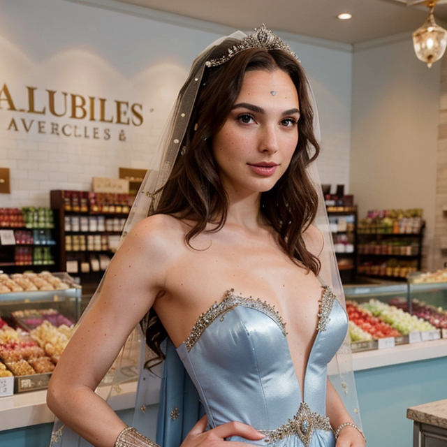 a photo of a beautiful, cute, Gal Gadot, stuns in a VERY extravagant embellished bridal ballgown and veil as she films wedding scene, full clothes, standing behind the counter, blue eyes, shiny skin, freckles, detailed skin, price labels, a masterpiece