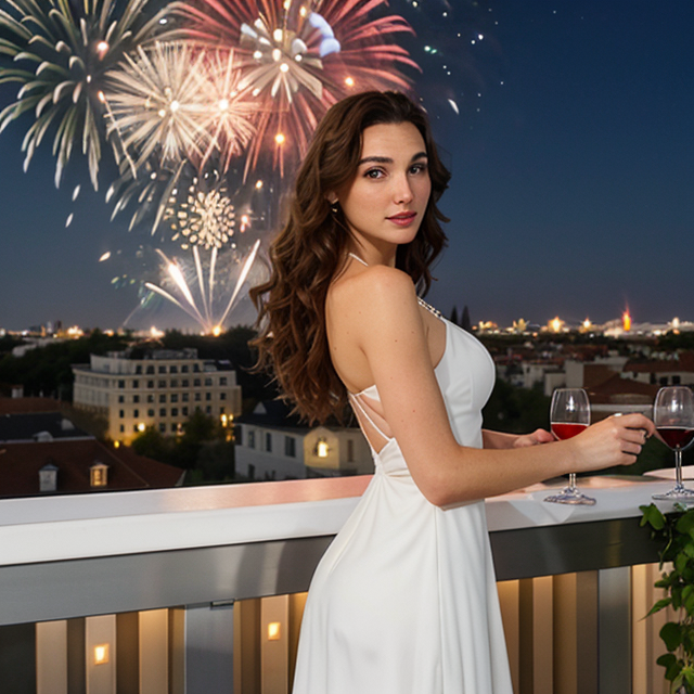 a photo of a beautiful, cute, Gal Gadot wore a white dress with long curly hair on the terrace to celebrate the New Year with wine and fireworks in the sky Fireworks in the sky, night scene on the rooftop, with banquet tables and red wine, sparkling lights, standing behind the counter, blue eyes, shiny skin, freckles, detailed skin, price labels, a masterpiece