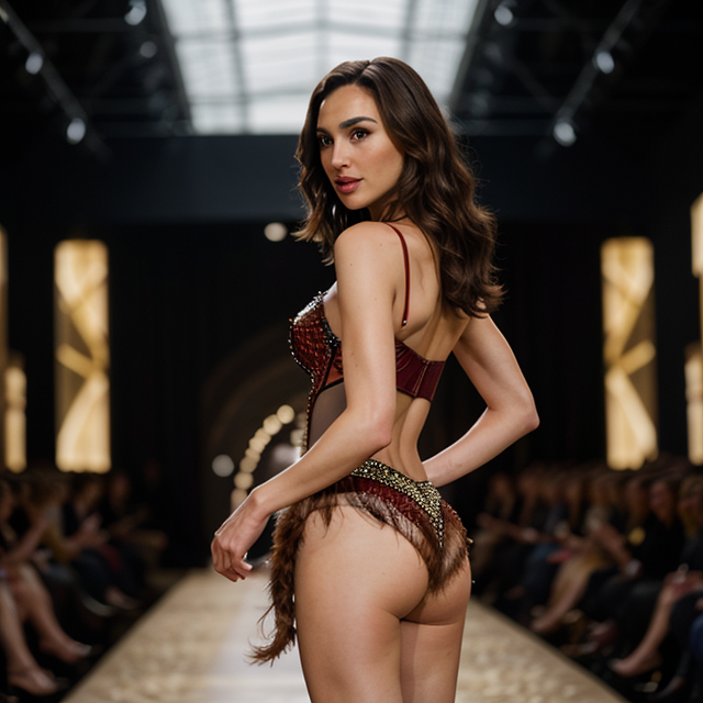 epiCRealism, gal gadot is radiant and gorgeous in a feather outfit, striding down the catwalk showing off her butt at Victoria's Secret, full shot, deep photo, depth of field, Superia 400, bokeh, realistic lighting, full shot, deep photo, depth of field, Superia 400, bokeh, realistic lighting, professional colorgraded, a male