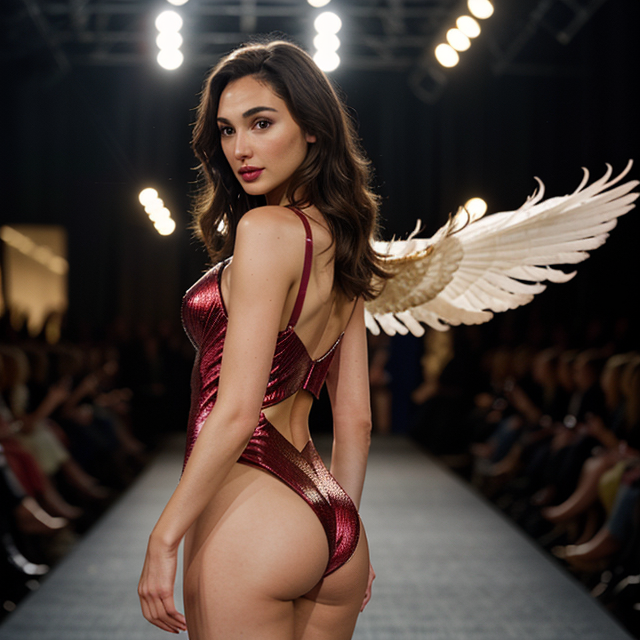 epiCRealism, gal gadot is radiant and gorgeous in a feather outfit, striding down the catwalk showing off her butt at Victoria's Secret, full shot, deep photo, depth of field, Superia 400, bokeh, realistic lighting, full shot, deep photo, depth of field, Superia 400, bokeh, realistic lighting, professional colorgraded, a male