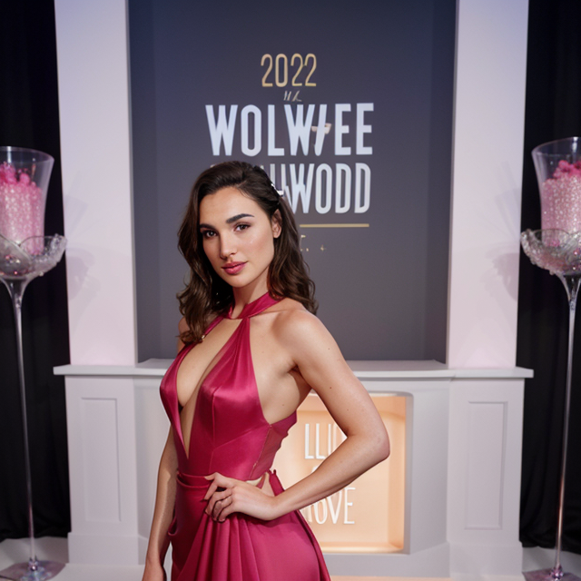 a photo of a beautiful, cute, Gal Gadot exudes glamour in a red fuschia halterneck gown as she's honored at ELLE's 2021 Women in Hollywood Celebration full clothes, standing behind the counter, blue eyes, shiny skin, freckles, detailed skin, price labels, a masterpiece