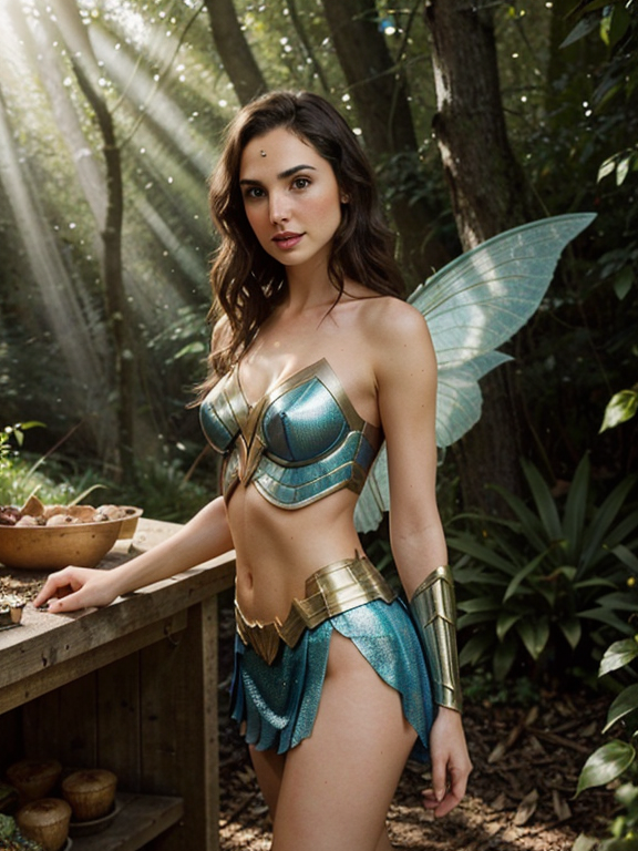 a photo of a beautiful, cute, A cute girl, beautiful, Gal Gadot, fairy, winged, in the forest, Sunlight shines through each leaf, shimmering dimly, standing behind the counter, blue eyes, shiny skin, freckles, detailed skin, price labels, a masterpiece