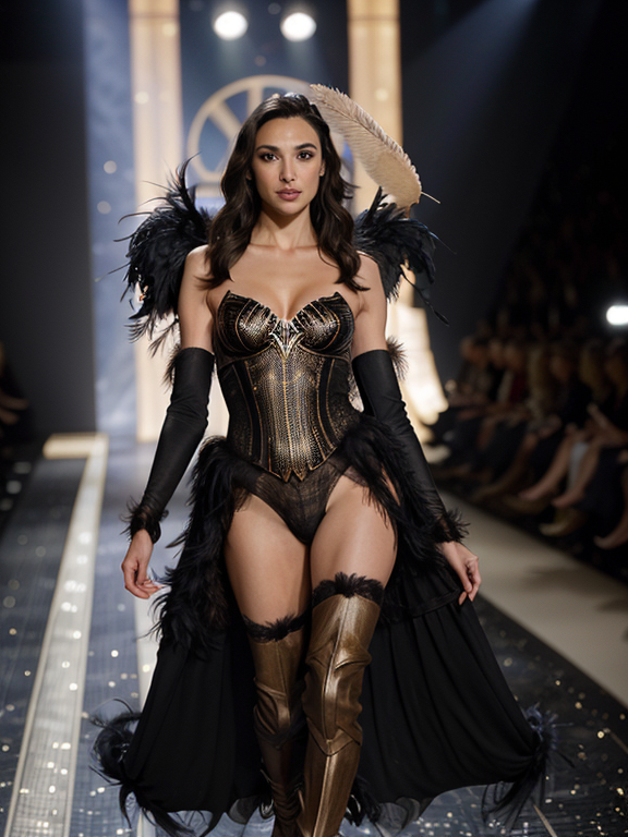 epiCRealism, Gal gadot is radiant and beautiful in a feather outfit striding on the catwalk showing at Victoria's Secret, full shot, deep photo, depth of field, Superia 400, bokeh, realistic lighting, professional colorgraded, a male