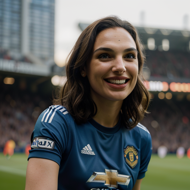 epiCRealism, Gal Gadot smiles brightly in a Manchester United outfit, wearing shirt number 7, full shot, deep photo, depth of field, Superia 400, bokeh, realistic lighting, professional colorgraded, a male