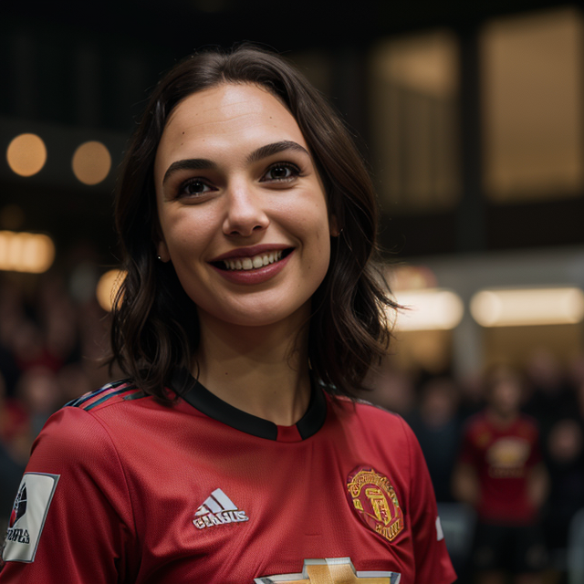 epiCRealism, Gal Gadot smiles brightly in a Manchester United outfit, wearing shirt number 7, full shot, deep photo, depth of field, Superia 400, bokeh, realistic lighting, professional colorgraded, a male