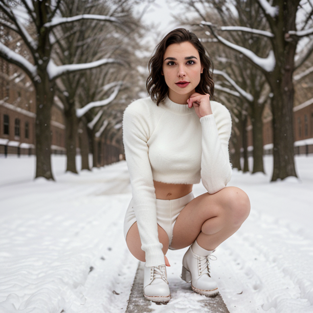 epiCRealism, Gal Gadot wore a white wool crop top, white fur shoes, surrounded by white snow , full shot, deep photo, depth of field, Superia 400, bokeh, realistic lighting, professional colorgraded, a male