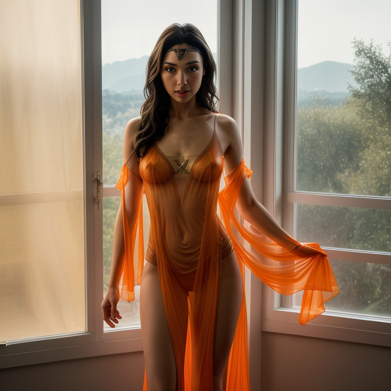 Gal Gadot wore an orange see-through nightgown standing by the window Beauty, Nature lighting, best quality, 8k wallpaper, Full shot, Standing, 