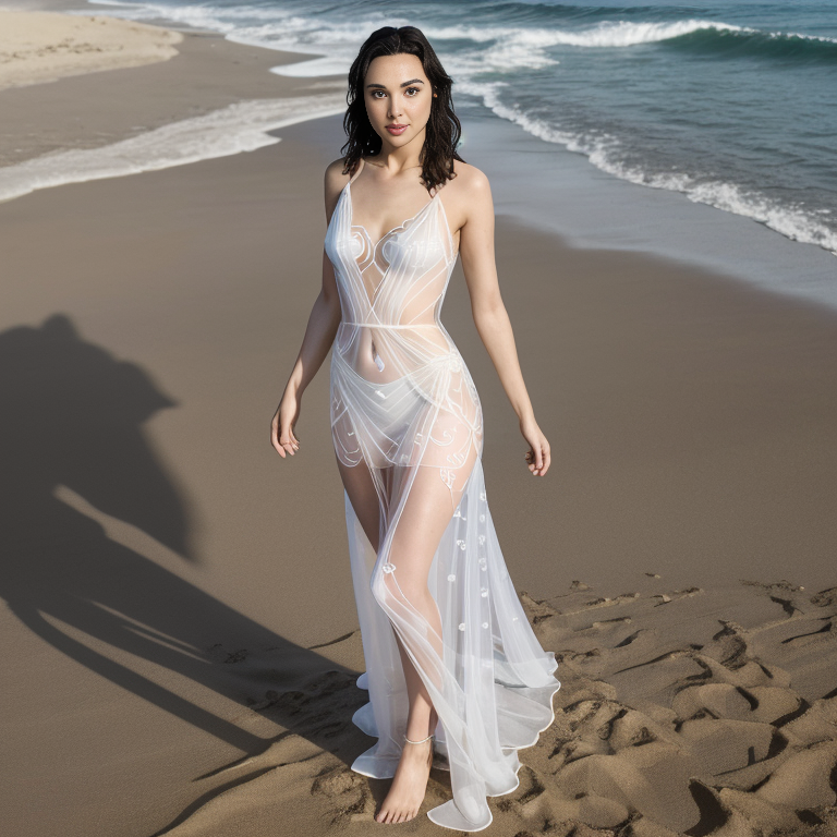 Gal Gadot wore a white see-through dress with a heart pattern on the sand Beauty, Nature lighting, best quality, 8k wallpaper, Full shot, Standing, 