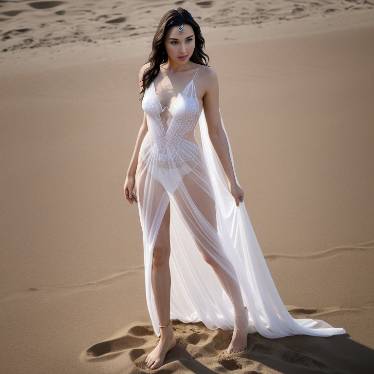 Gal Gadot wore a white see-through dress with a heart pattern on the sand Beauty, Nature lighting, best quality, 8k wallpaper, Full shot, Standing, 