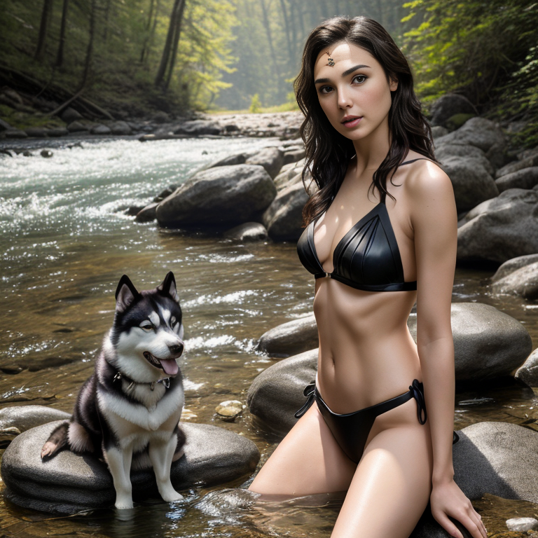 Gal Gadot wears a black bikini sitting on a rock by the stream with her husky dog Beauty, Nature lighting, best quality, 8k wallpaper, Full shot, Standing, 