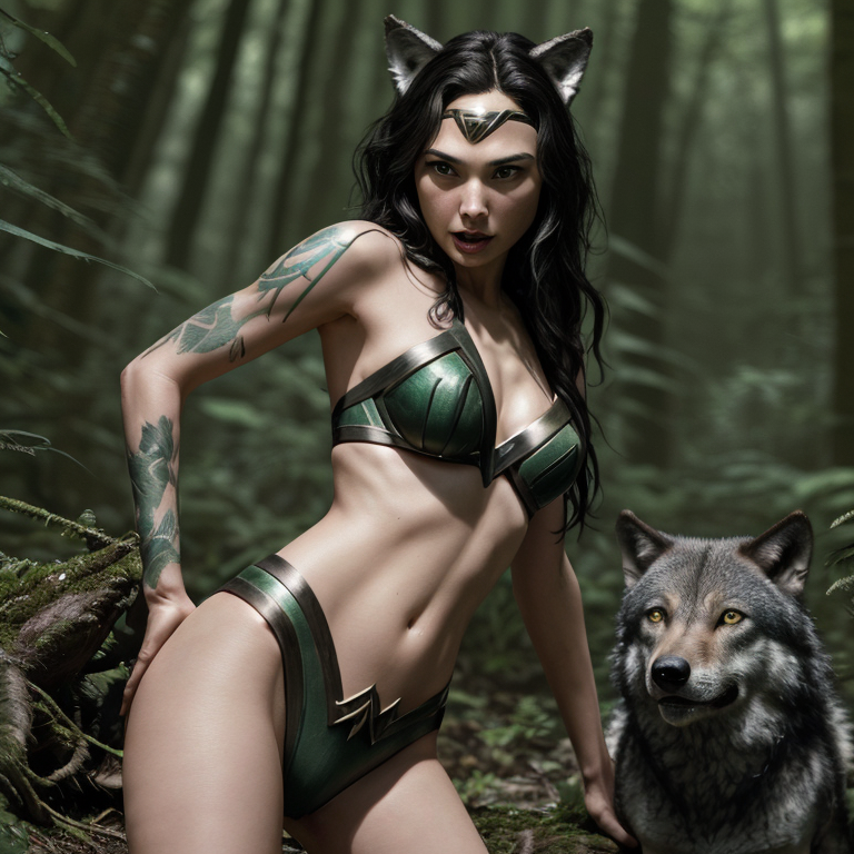 Gal Gadot cinematic photo closeup image of the upper half of a person of a black haired with wolf ears, gray bikini, deep green eyes, tattoo on her right jaw , stand in the forest tropical 