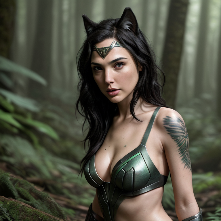 Gal Gadot cinematic photo closeup image of the upper half of a person of a black haired with wolf ears, gray bikini, deep green eyes, tattoo on her right jaw , stand in the forest tropical 