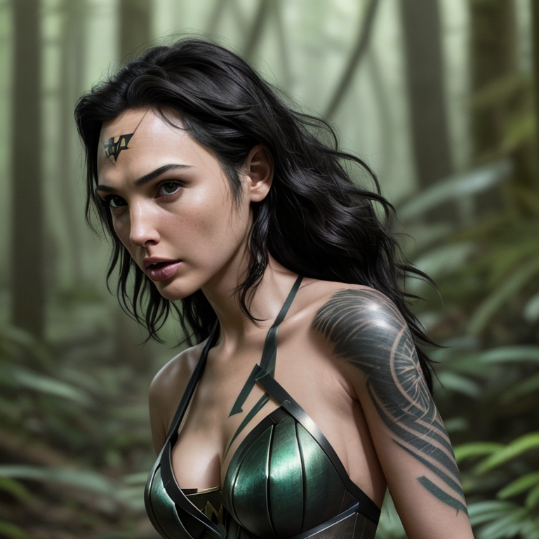 Gal Gadot cinematic photo closeup image of the upper half of a person of a black haired with wolf ears, gray bikini, deep green eyes, tattoo on her right jaw , stand in the forest tropical 