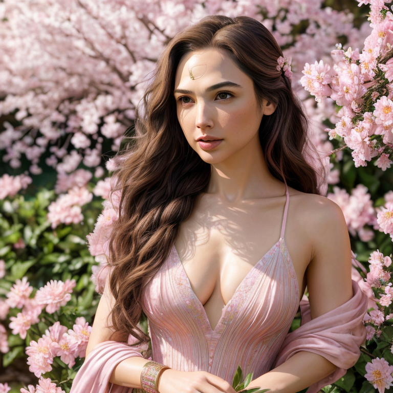 (ultra-detailed,highres,masterpiece:1.2), realistic, HDR, Gal Gadot solo, long pink hair braided,beautiful detailed eyes, beautiful detailed lips,expression of confidence and intelligence, stylish attire, standing in a vibrant garden with blooming flowers, warm sunlight casting soft shadows,serene atmosphere,magical pink hue,subtle lens flare 