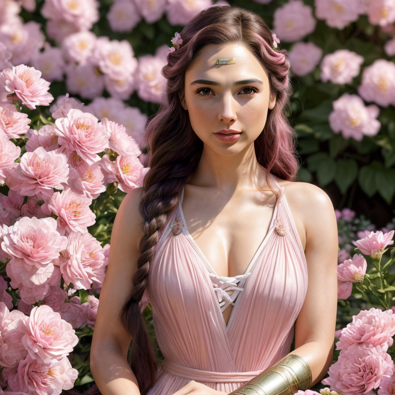 (ultra-detailed,highres,masterpiece:1.2), realistic, HDR, Gal Gadot solo, long pink hair braided,beautiful detailed eyes, beautiful detailed lips,expression of confidence and intelligence, stylish attire, standing in a vibrant garden with blooming flowers, warm sunlight casting soft shadows,serene atmosphere,magical pink hue,subtle lens flare Sitting, 