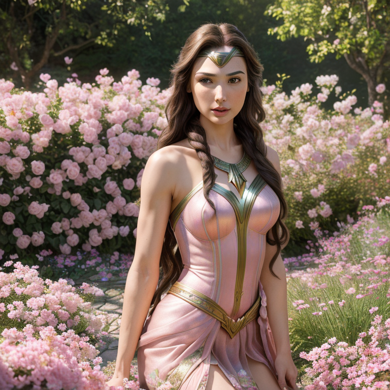 (ultra-detailed,highres,masterpiece:1.2), realistic, HDR, Gal Gadot solo, long pink hair braided,beautiful detailed eyes, beautiful detailed lips,expression of confidence and intelligence, stylish attire, standing in a vibrant garden with blooming flowers, warm sunlight casting soft shadows,serene atmosphere,magical pink hue,subtle lens flare Kneeling, 