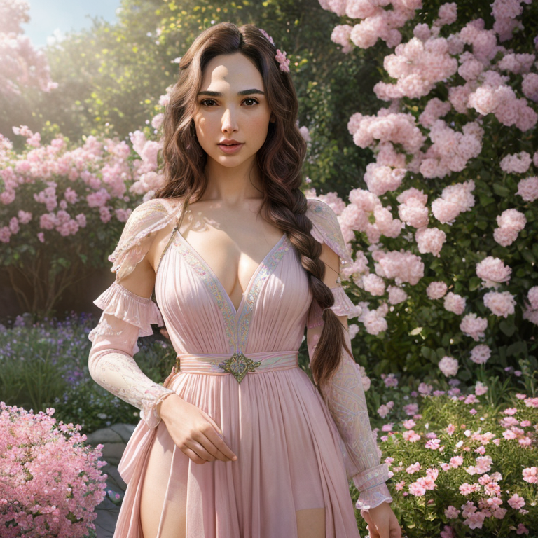 (ultra-detailed,highres,masterpiece:1.2), realistic, HDR, Gal Gadot solo, long pink hair braided,beautiful detailed eyes, beautiful detailed lips,expression of confidence and intelligence, stylish attire, standing in a vibrant garden with blooming flowers, warm sunlight casting soft shadows,serene atmosphere,magical pink hue,subtle lens flare 