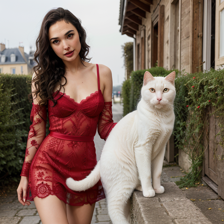 Gal Gadot in France, winter, blonde curly hair, seductive red lace dress. hand holding a white cat   