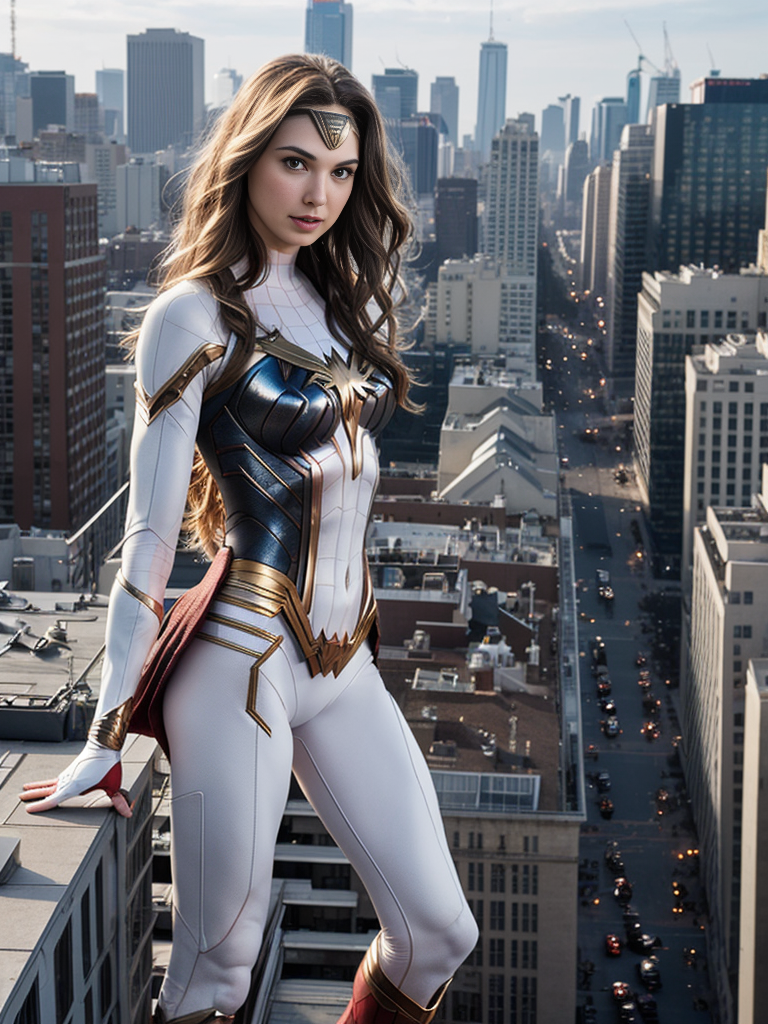 Gal Gadot 1girl with long blonde hair, Standing on the roof of the building, her hand under her butt, warm lighting, with a white female spiderman costume, blurry foreground, photorealistic, full image, full body, 