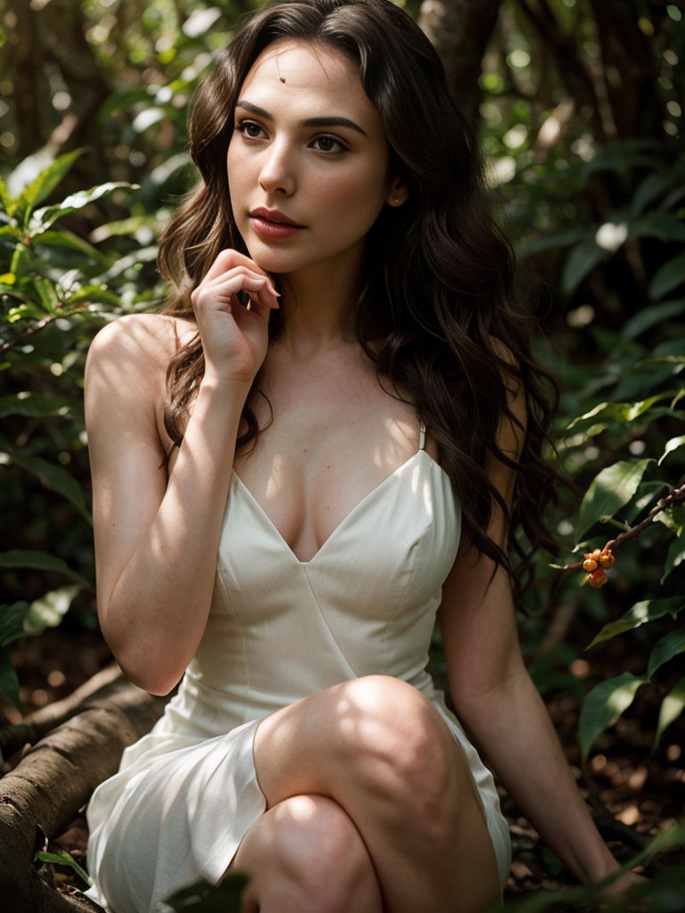 Gal Gadot 1girl with long wavy coffee colored hair in a coffee tree forest and flowers, her hand under her chin, warm lighting, white dress, blurry foreground, photorealistic, full image, full body, 