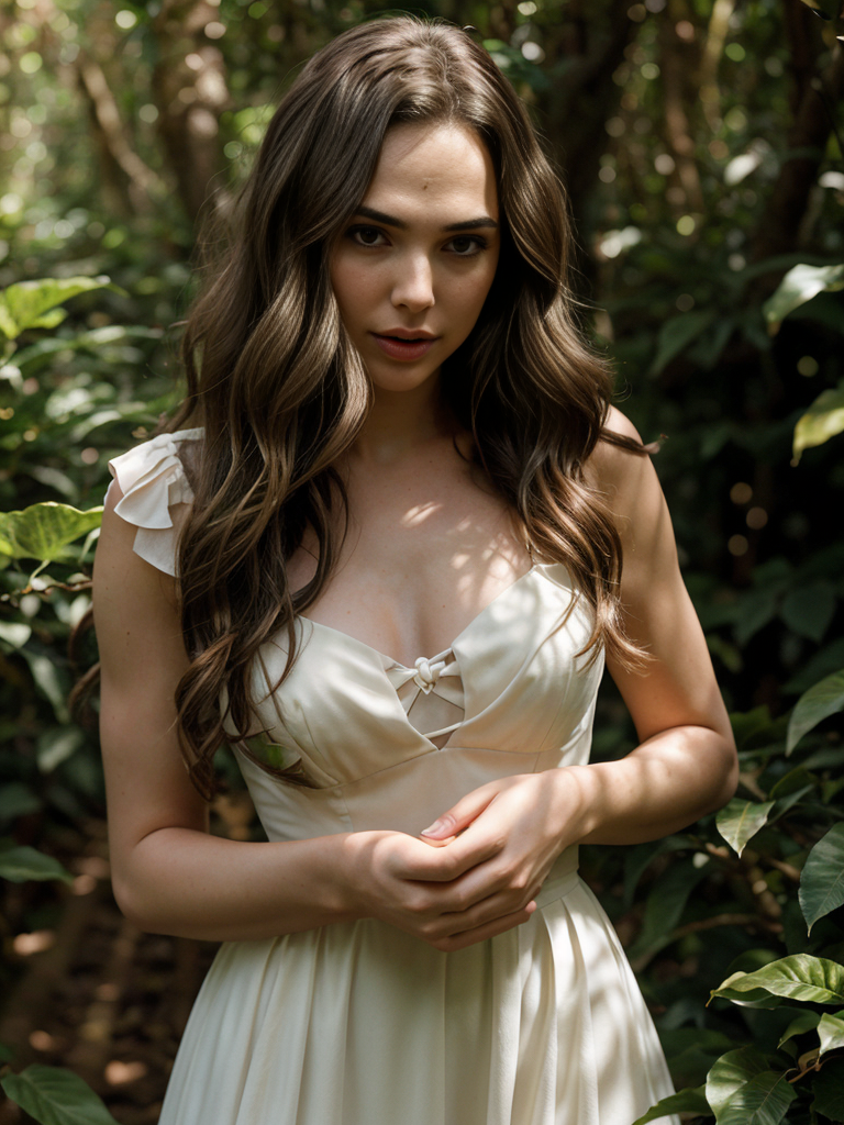 Gal Gadot 1girl with long wavy blonde hair in a coffee tree forest and flowers, her hand under her chin, warm lighting, white dress, blurry foreground, photorealistic, full image, full body, 