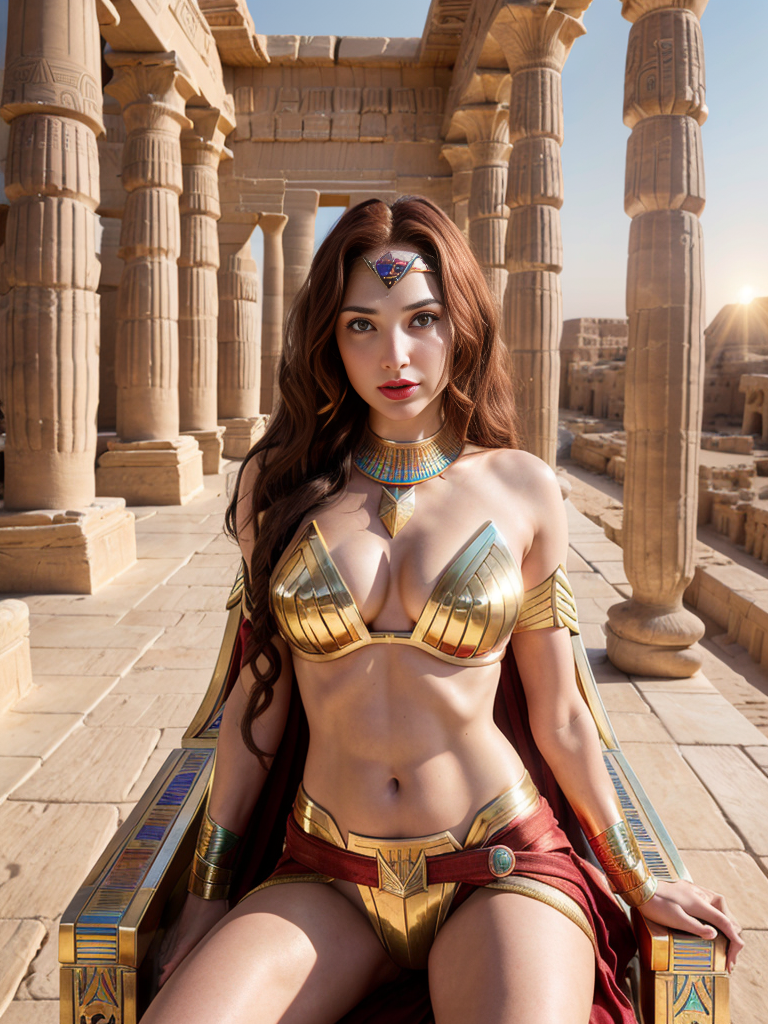 Gal Gadot a cute girl, (fashion Egyptian Queen), long red hair, surreal, 4k, beautiful, facing the view, headshot, cleavage, white skin, ((nasolabial folds) ), skin tone lipstick, DSLR RAW PHOTO, 8K, POV, canon 5d, 85mm, (On the throne in the middle of an Egyptian palace, morning sunset)  