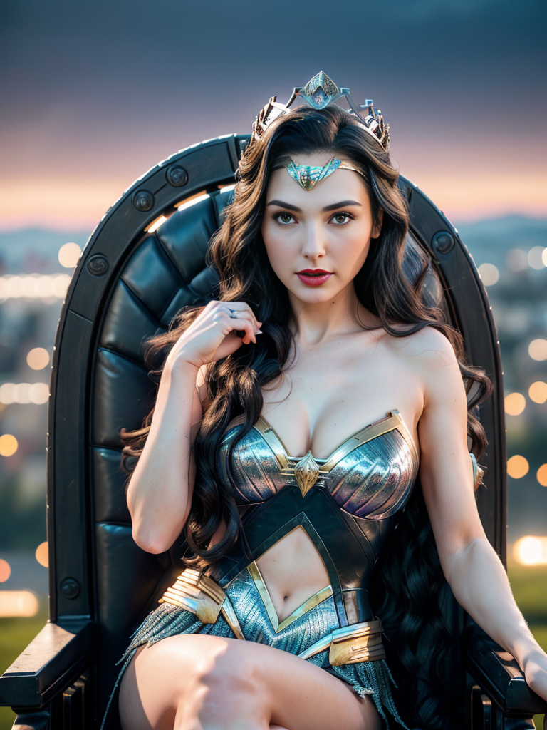 Gal Gadot a cute girl, (fashion evil queen , crown on head ), long black hair, surreal, 4k, beautiful, high bun hair, facing the view, headshot, cleavage, white skin, night, ((nasolabial folds) ), skin tone lipstick, DSLR RAW PHOTO, 8K, POV, canon 5d, 85mm, (On the throne in the middle of the palace, Moonlight) 