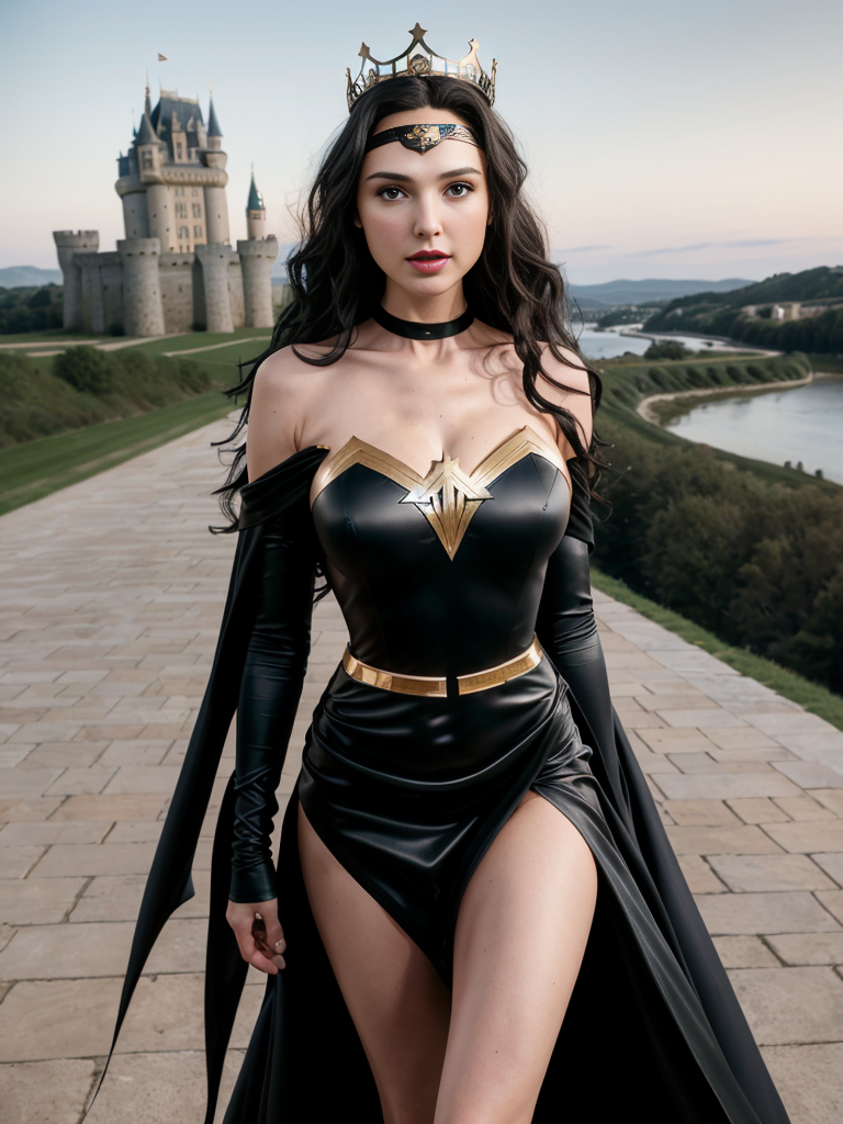 Gal Gadot a cute girl standing in the castle (fashion long black queen dress , crown on head ), long black hair, surreal, 4k, beautiful, high bun hair, facing the view, full body, headshot, cleavage, white skin, night, ((nasolabial folds) ), skin tone lipstick, DSLR RAW PHOTO, 8K, POV, canon 5d, 85mm, (, Moonlight) 