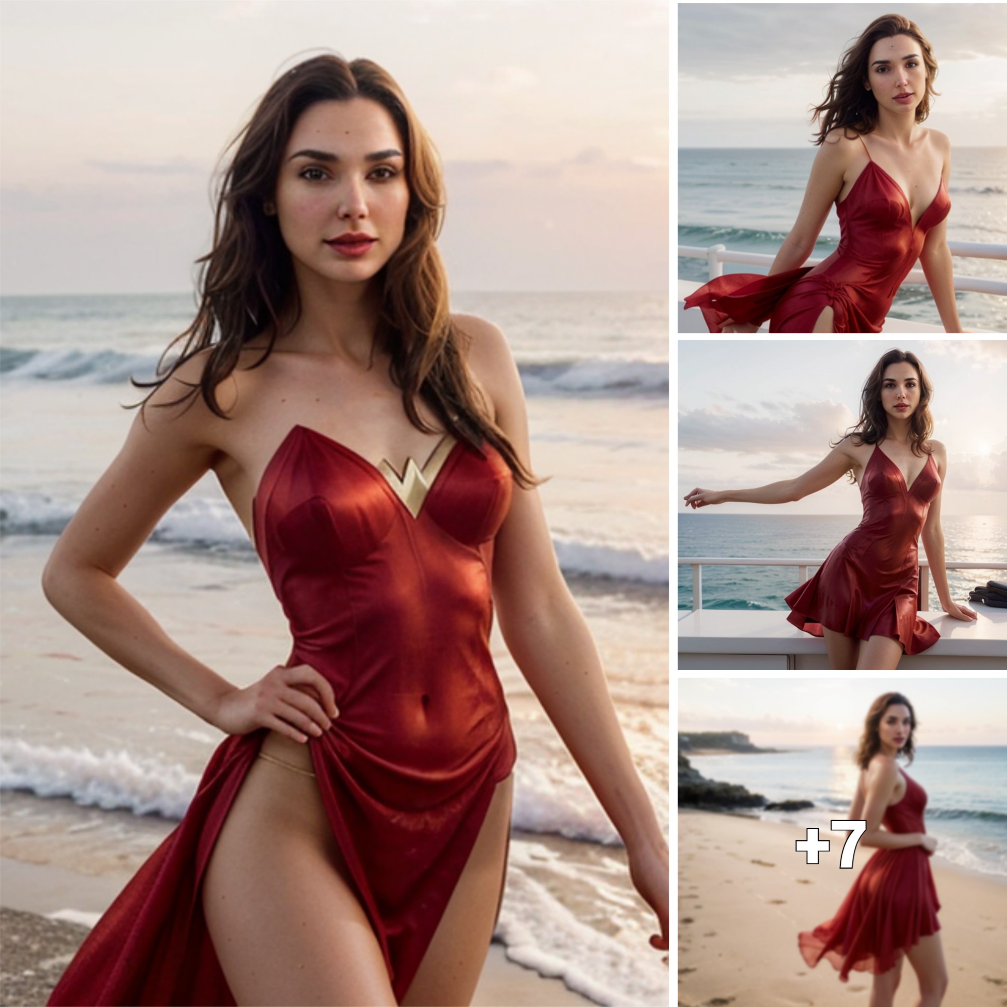 Gal Gadot Dazzles in a Graceful Red Dress, a Captivating Vision Against the Sea’s Backdrop ‎