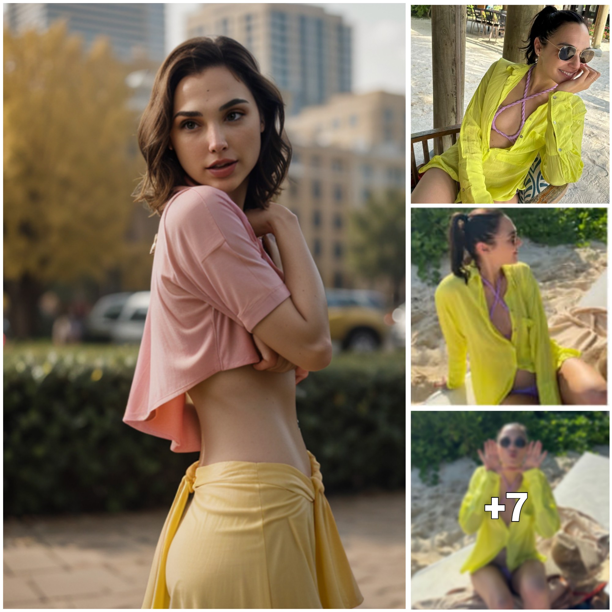 Gal Gadot Rocks a High Ponytail and Radiant Pink Bikini Underneath a Stylish Yellow Shirt ‎