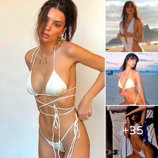 The Stunning Beauty of Emily Ratajkowski Shines Bright in a Unique White Bathing Suit.