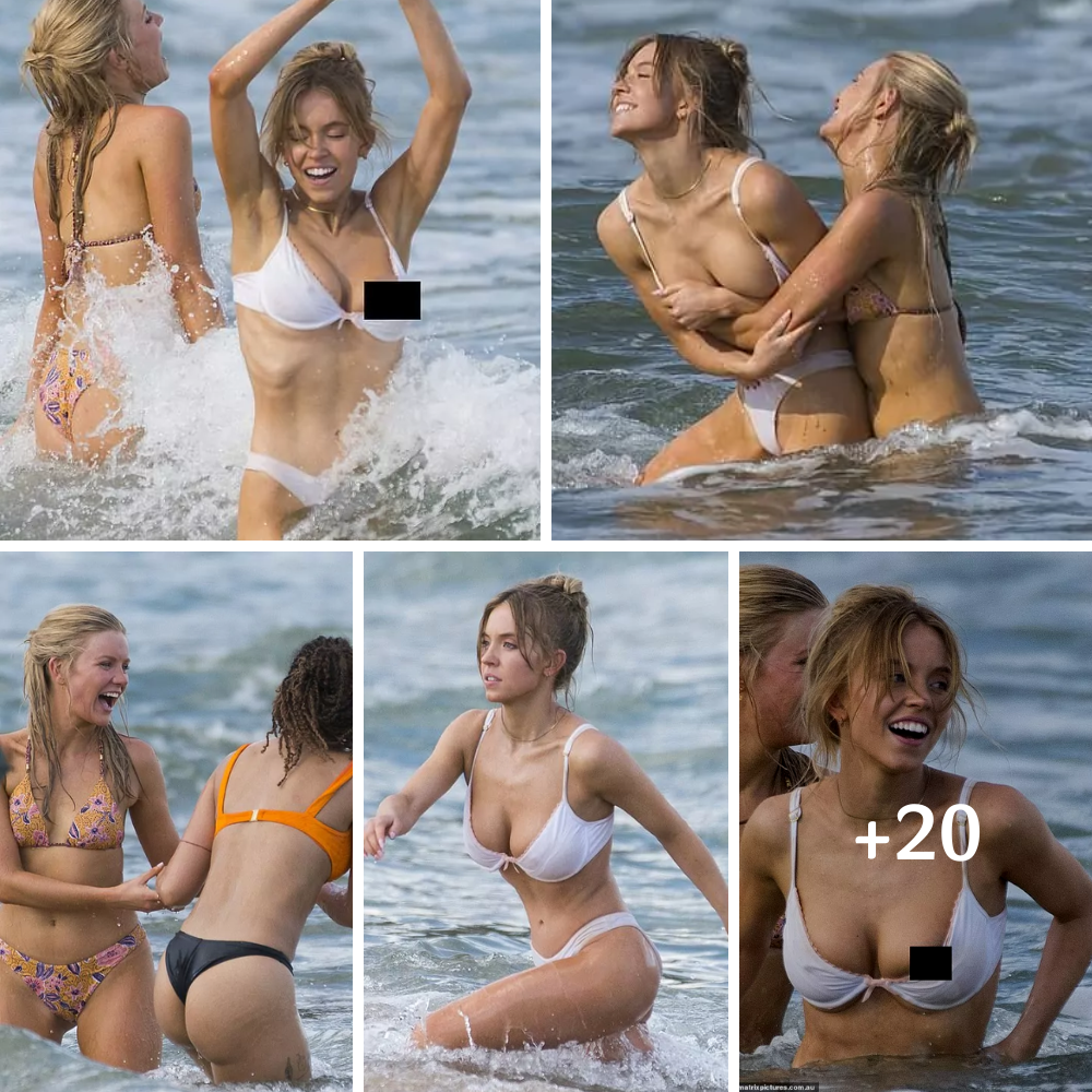 Euphoria! Smiling Sydney Sweeney suffers a nip slip as she goes swimming in sheer lingerie and hugs one of her co-stars while filming her new movie at the beach in Sydney