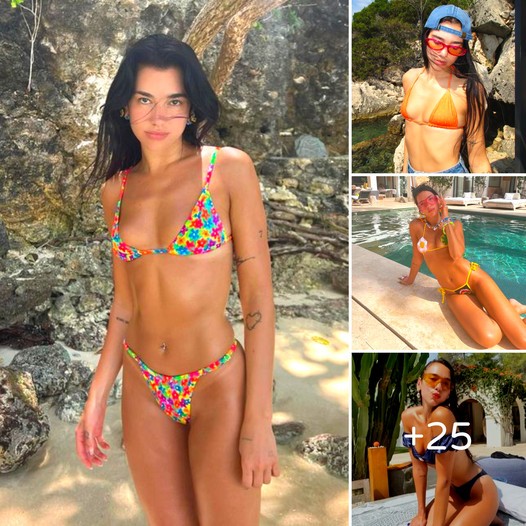 Dua Lipa showcases her very pleasing physique with her vibrant selection of bikinis, captivating the admiration of all observers. ‎